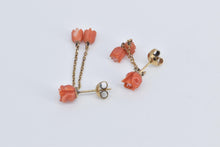 Load image into Gallery viewer, 14K Coral Carved Rose Flower Fringe Chain Dangle Earrings Yellow Gold