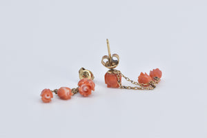 14K Coral Carved Rose Flower Fringe Chain Dangle Earrings Yellow Gold