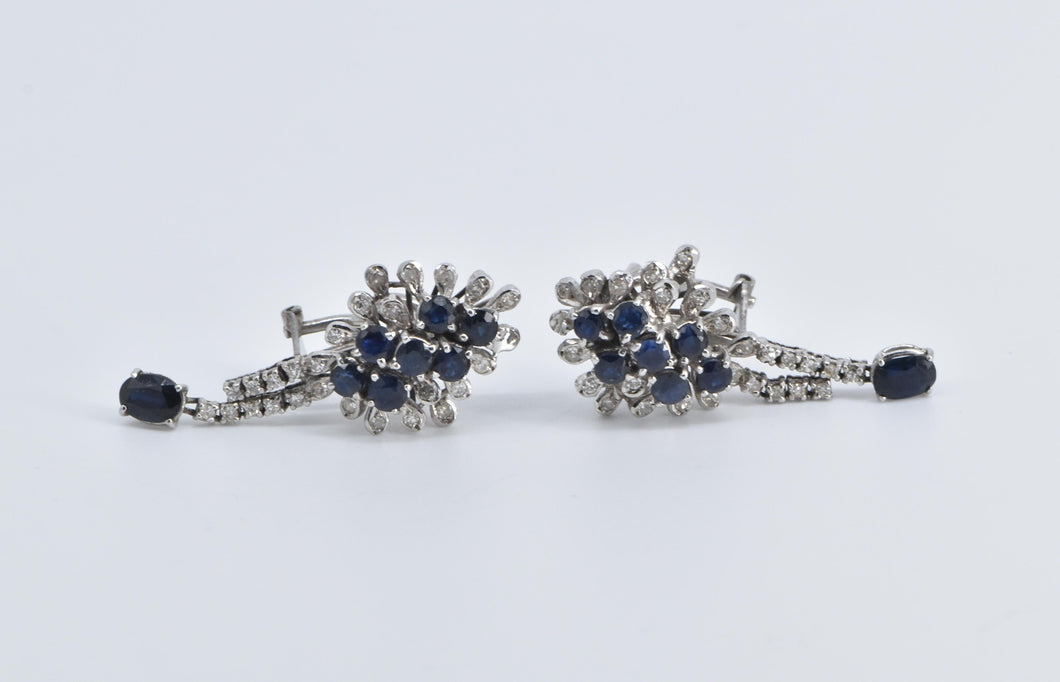 14K Sapphire Natural Diamond Statement Cluster Earrings White Gold