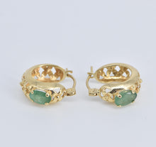 Load image into Gallery viewer, 14K Natural Emerald Ornate Floral 14mm Hoop Earrings Yellow Gold
