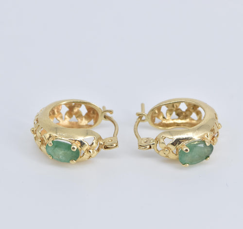 14K Natural Emerald Ornate Floral 14mm Hoop Earrings Yellow Gold