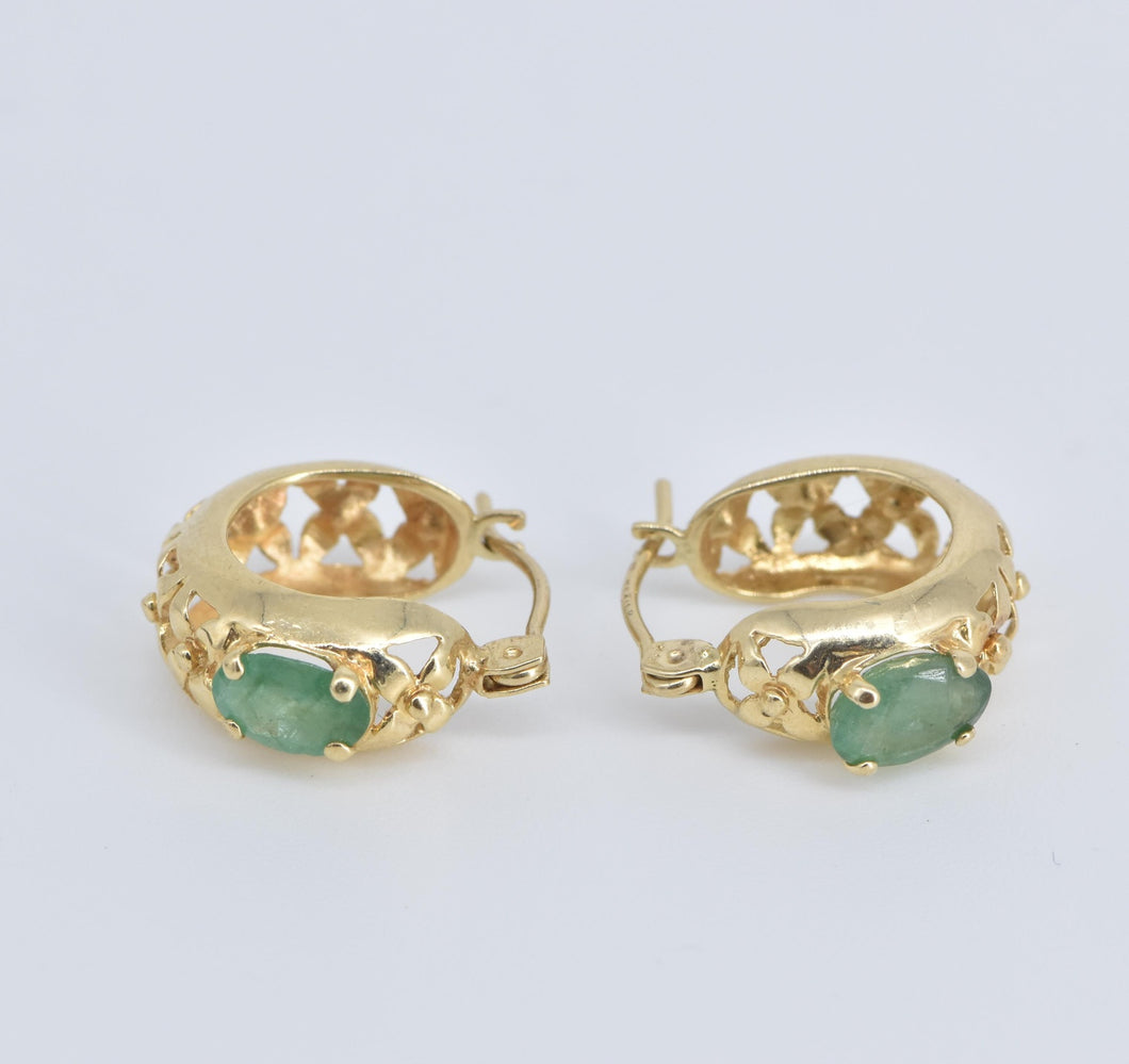 14K Natural Emerald Ornate Floral 14mm Hoop Earrings Yellow Gold