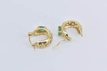 Load image into Gallery viewer, 14K Natural Emerald Ornate Floral 14mm Hoop Earrings Yellow Gold