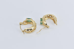 14K Natural Emerald Ornate Floral 14mm Hoop Earrings Yellow Gold