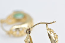 Load image into Gallery viewer, 14K Natural Emerald Ornate Floral 14mm Hoop Earrings Yellow Gold