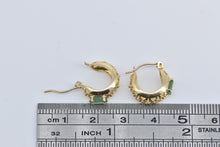 Load image into Gallery viewer, 14K Natural Emerald Ornate Floral 14mm Hoop Earrings Yellow Gold