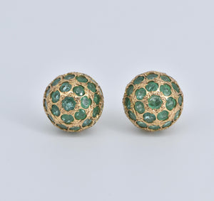 14K Emerald Encrusted Round Vintage Stud Earrings Yellow Gold