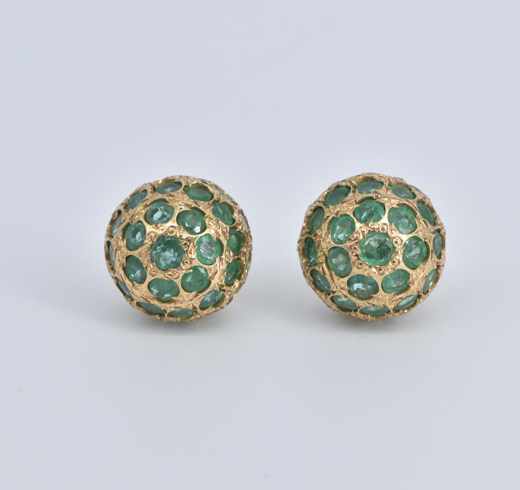 14K Emerald Encrusted Round Vintage Stud Earrings Yellow Gold