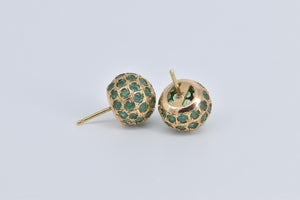 14K Emerald Encrusted Round Vintage Stud Earrings Yellow Gold