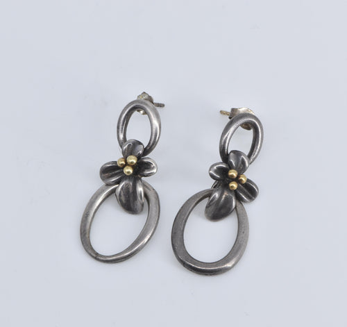 Sterling Silver 18k Gold Accent Dogwood Flower Circle Dangle Earrings