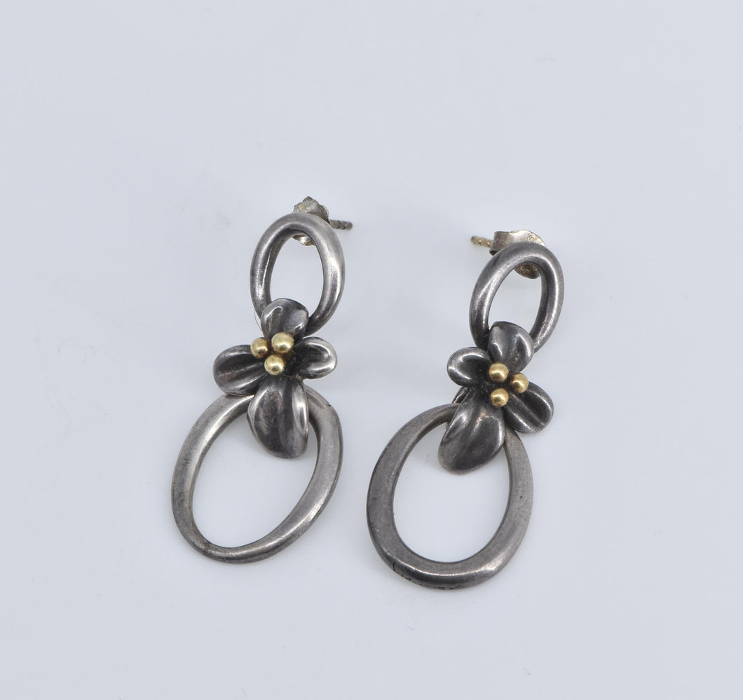 Sterling Silver 18k Gold Accent Dogwood Flower Circle Dangle Earrings