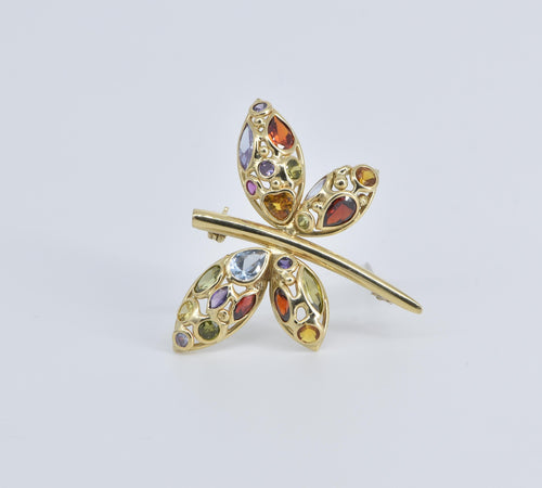 14K Rainbow Stone Encrusted Dragonfly Statement Pin/Brooch Yellow Gold