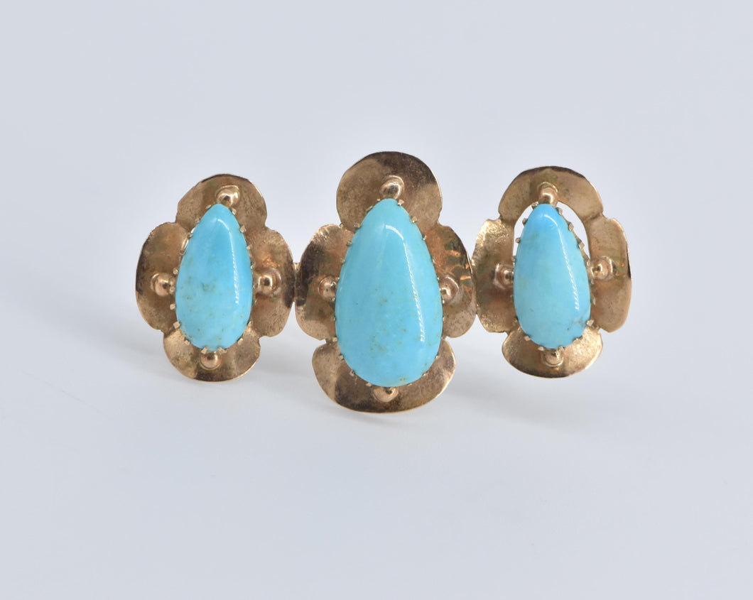 18K Victorian Pear Tear Drop Turquoise Ornate Pin/Brooch Yellow Gold