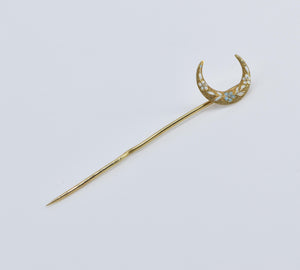 14K Victorian Floral Enamel Crescent Moon Stick Pin Yellow Gold