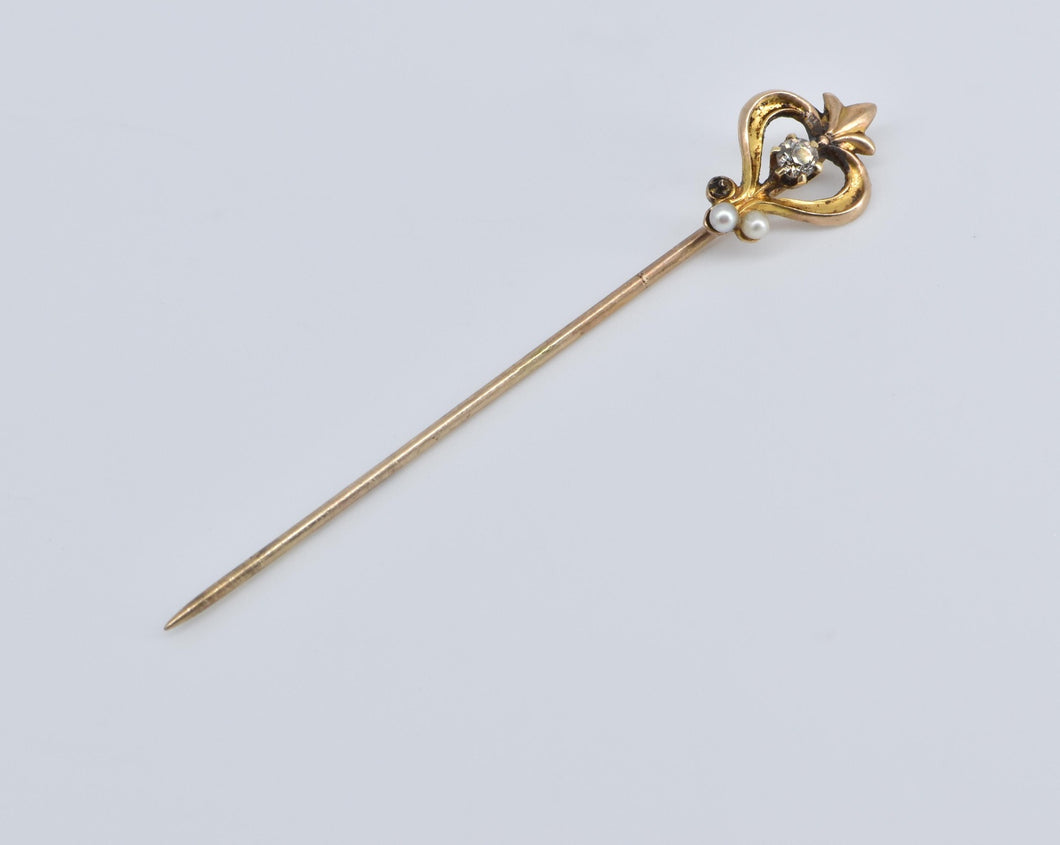 14K Vintage Diamond Seed Pearl Heart Stick Pin Yellow Gold