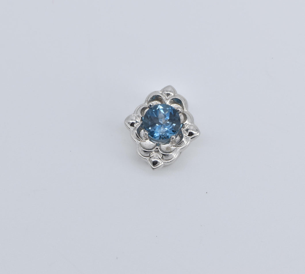 14K Round Blue Topaz Ornate Slide Bracelet Charm/Pendant White Gold