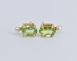14K Oval Peridot Seed Pearl Accent Stud Earrings Yellow Gold