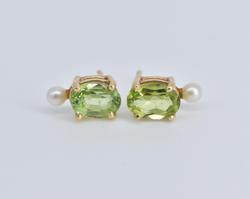 14K Oval Peridot Seed Pearl Accent Stud Earrings Yellow Gold