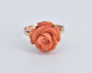 14K 3D Rose Coral Flower Ornate Statement Ring Yellow Gold