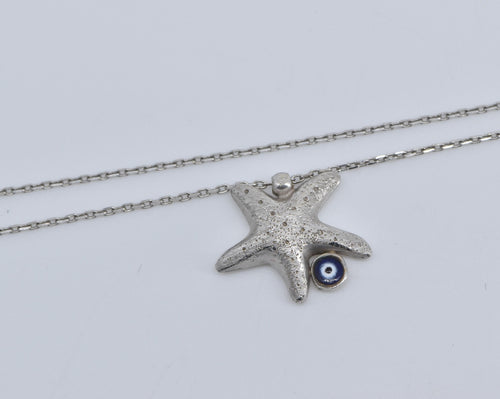 14K Sea Star Fish Enamel Nazar Cable Chain Necklace 17.25