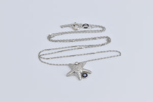 14K Sea Star Fish Enamel Nazar Cable Chain Necklace 17.25" White Gold