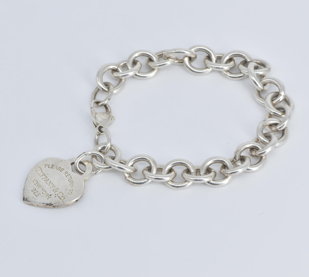 Sterling Silver Tiffany & Co Heart Charm Cable Chain Bracelet 7