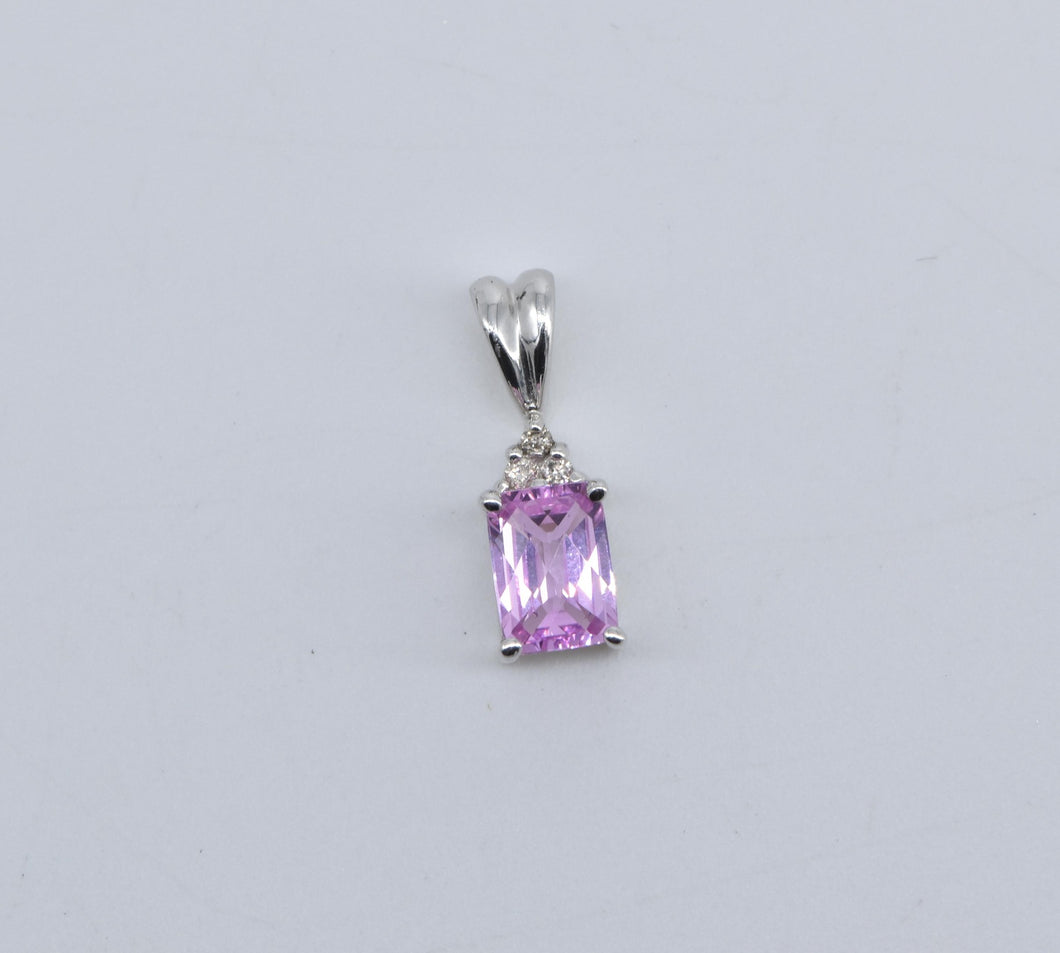 14K Emerald Cut Pink Topaz Diamond Accent Pendant White Gold