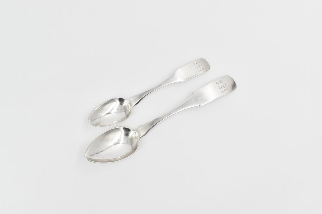 Coin Silver M Monogram Antique 1825 CA Burnett Fiddle Spoon Set 2 pc Coin Silver