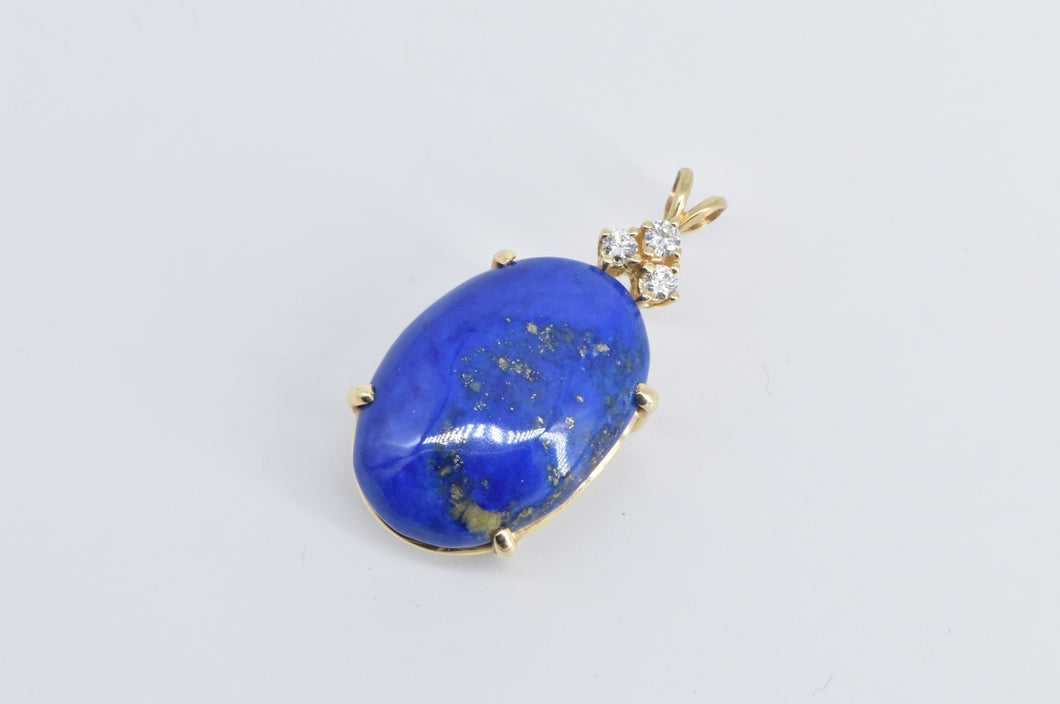 14K Oval Lapis Lazuli Natural Diamond Vintage Pendant Yellow Gold