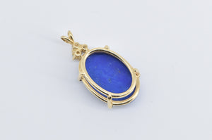 14K Oval Lapis Lazuli Natural Diamond Vintage Pendant Yellow Gold