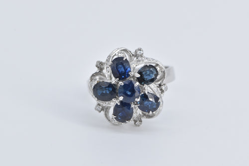 18K Sapphire Flower Natural Diamond Vintage Cocktail Ring White Gold