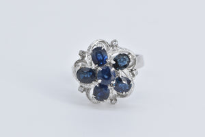 18K Sapphire Flower Natural Diamond Vintage Cocktail Ring White Gold