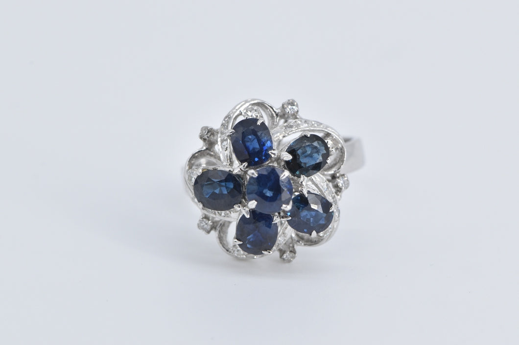 18K Sapphire Flower Natural Diamond Vintage Cocktail Ring White Gold