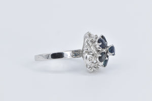 18K Sapphire Flower Natural Diamond Vintage Cocktail Ring White Gold