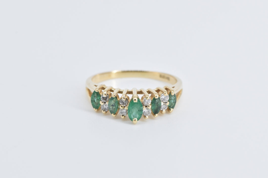 14K Marquise Natural Emerald Diamond Vintage Ring Yellow Gold