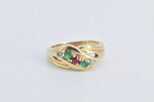 14K Wavy Ruby Emerald Diamond Curvy Fashion Ring Yellow Gold