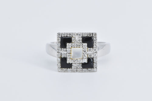 14K Mother of Pearl Onyx Natural Diamond Geometric Ring White Gold