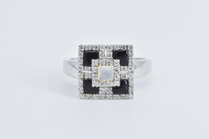 14K Mother of Pearl Onyx Natural Diamond Geometric Ring White Gold