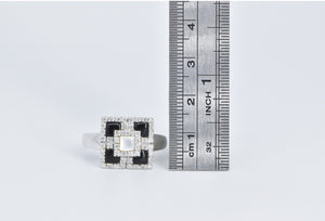 14K Mother of Pearl Onyx Natural Diamond Geometric Ring White Gold