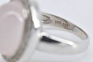 14K Oval Rose Quartz Natural Diamond Halo Cocktail Ring White Gold
