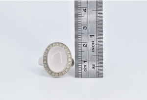 14K Oval Rose Quartz Natural Diamond Halo Cocktail Ring White Gold