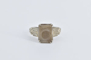 14K Square Cut Fossil Art Deco Unique Statement Ring White Gold