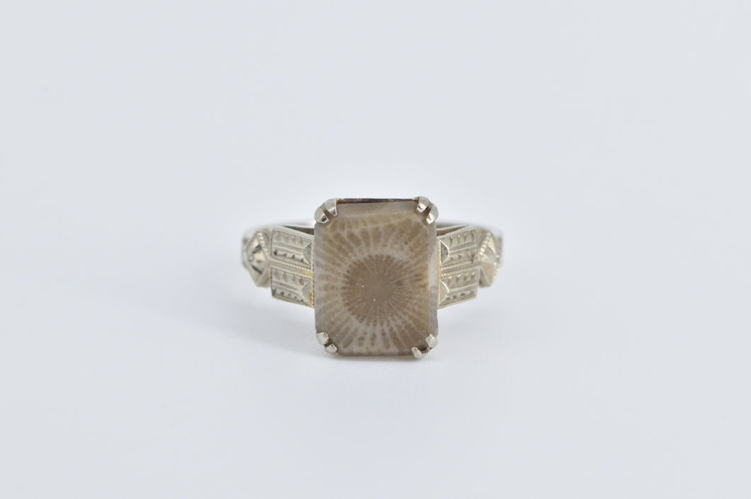 14K Square Cut Fossil Art Deco Unique Statement Ring White Gold