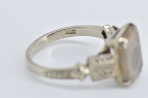 14K Square Cut Fossil Art Deco Unique Statement Ring White Gold