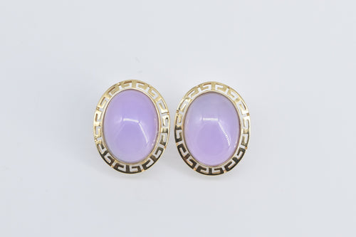 14K Oval Lilac Jadeite Greek Wave French Clip Earrings Yellow Gold