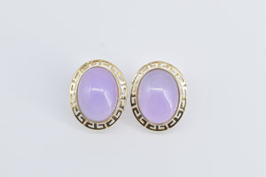 14K Oval Lilac Jadeite Greek Wave French Clip Earrings Yellow Gold