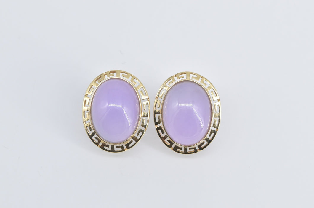 14K Oval Lilac Jadeite Greek Wave French Clip Earrings Yellow Gold