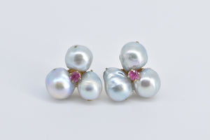 14K Vintage Pearl Ruby Cluster Statement Stud Earrings Yellow Gold