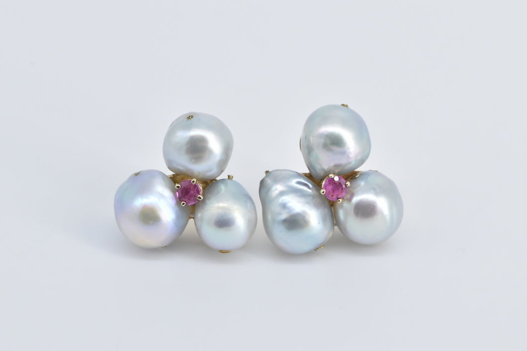 14K Vintage Pearl Ruby Cluster Statement Stud Earrings Yellow Gold