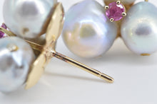 Load image into Gallery viewer, 14K Vintage Pearl Ruby Cluster Statement Stud Earrings Yellow Gold